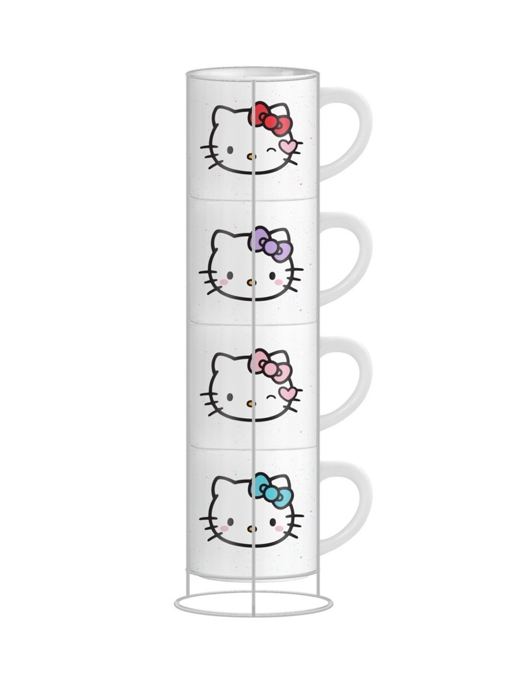 Hello Kitty Stackable White Mugs with Red, Purple, Pink & Blue Bows - 4 Pack